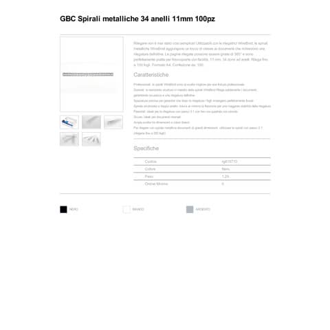 Spirali metalliche a 34 anelli GBC Wirebind 11 mm a4 nero conf da 100 spirali - RG810710